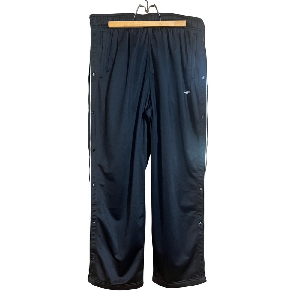 Reebok XL Mens Black Tearaway Track Pants Snap‎ Side Athletic Training Heavy